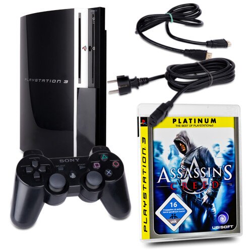 PS3 Konsole Fat 80 GB Modell Nr. Cechk04 in Schwarz + HDMI + Ladekabel + original Controller + Spiel Assassins Creed