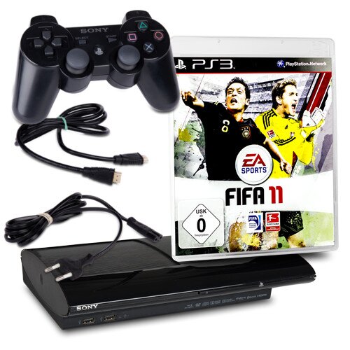 PS3 Konsole Super Slim 12 GB Festplatte Modell Nr. Cech-4204A in Schwarz + Netzteil + HDMI + Controller mit Usb Ladekabel + Spiel Fifa 11