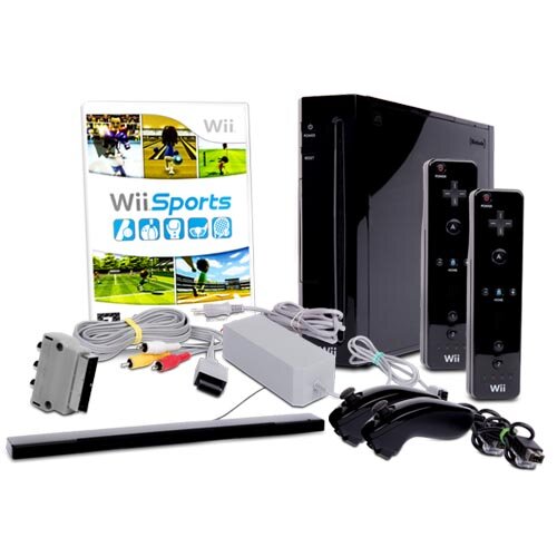 Wii Konsole in Schwarz + alle Kabel + 2 Nunchuk + 2 Fernbedienungen + Spiel Wii Sports