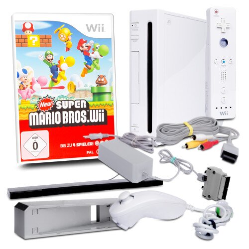 Nintendo Wii Konsole (Rvl 101) in Weiss #40S + alle Kabel + Nunchuk + Fernbedienung + Spiel New Super Mario Bros.