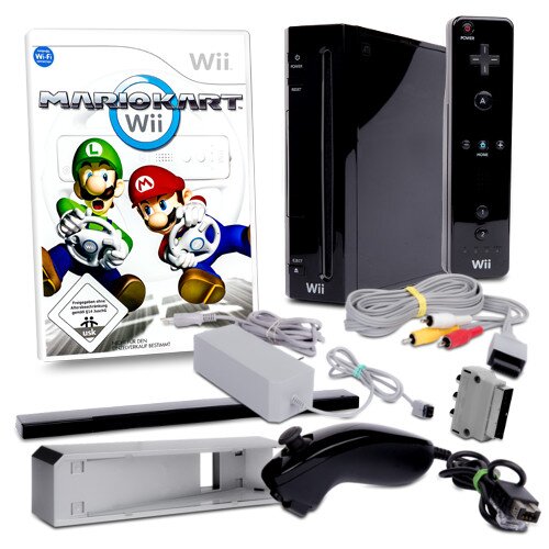 Nintendo Wii Konsole (Rvl 101) in Schwarz #30S + alle Kabel + Standfuss + Nunchuk + Fernbedienung + Spiel Mario Kart