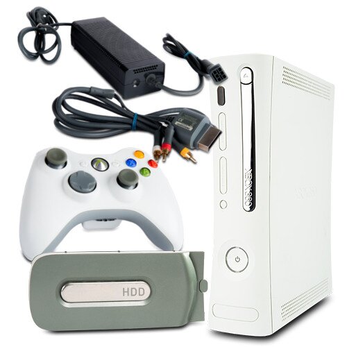 Xbox 360 Konsole Jasper 12,1A Fat Weiss #3 + 20 GB + 3-Chinch Grau + Controller