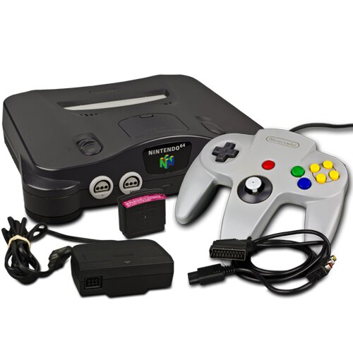 N64 Nintendo 64 Konsole in Schwarz mit Controller und Jumper Pak und allen Kabel