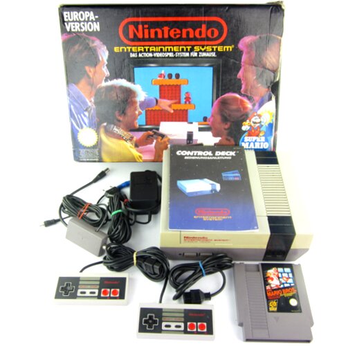 NES Konsole + 2 Controller + Netzteil + Antennenweiche + Spiel Super Mario Bros + OVP Europa Version #B-Ware