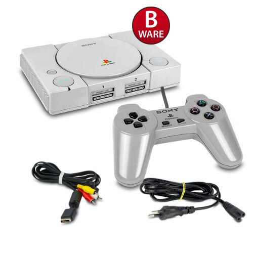 Playstation 1 - PS1 - Psx Konsole Fat in Grau (B-Ware) #10S + Ladekabel + 3-Chinch Kabel + 2 original Controller in Grau (Analog) 